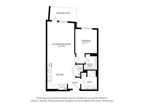 Floor plan for 1 bed, 1 bath, 759 sqft