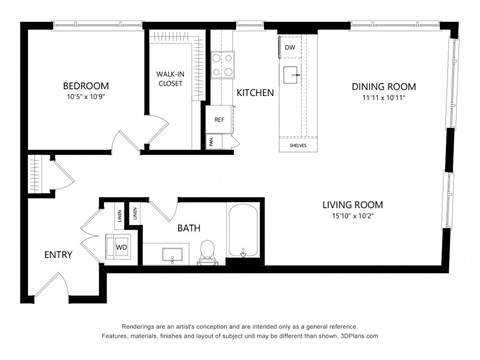 Floor plan for 1 bed, 1 bath, 875 sqft