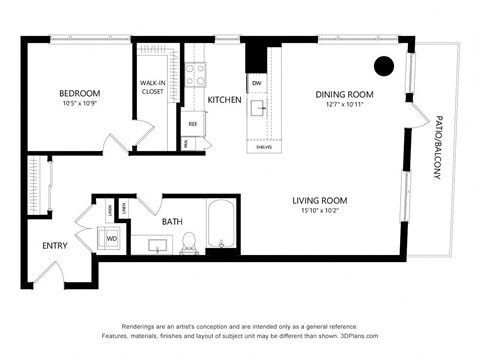 Floor plan for 1 bed, 1 bath, 875 sqft