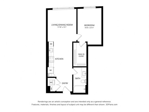 Floor plan for 1 bed, 1 bath, 664 sqft