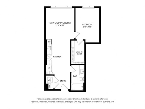 Floor plan for 1 bed, 1 bath, 672 sqft
