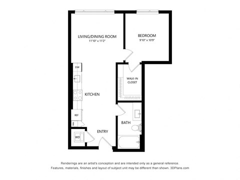 Floor plan for 1 bed, 1 bath, 601 sqft