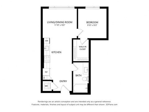 Floor plan for 1 bed, 1 bath, 570 sqft