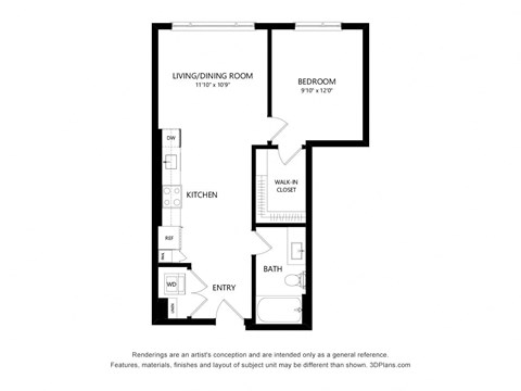 Floor plan for 1 bed, 1 bath, 630 sqft