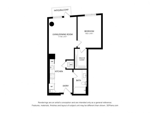 Floor plan for 1 bed, 1 bath, 659 sqft