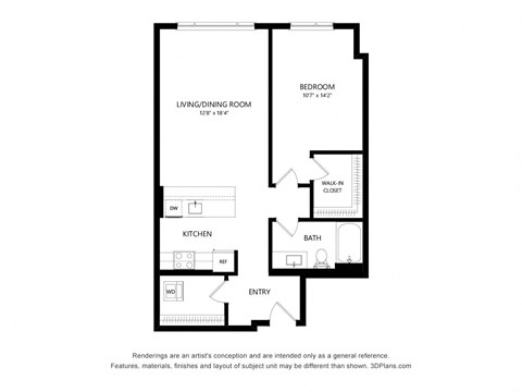Floor plan for 1 bed, 1 bath, 805 sqft