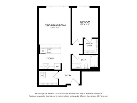 Floor plan for 1 bed, 1 bath, 716 sqft