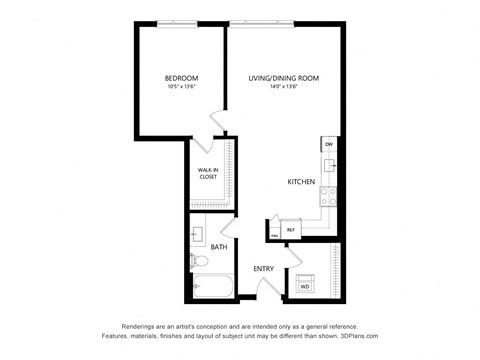 Floor plan for 1 bed, 1 bath, 753 sqft