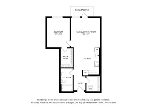 Floor plan for 1 bed, 1 bath, 718 sqft