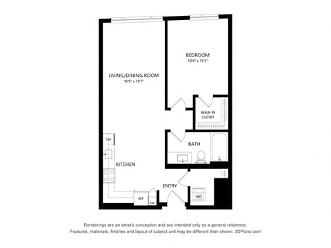 Floor plan for 1 bed, 1 bath, 746 sqft