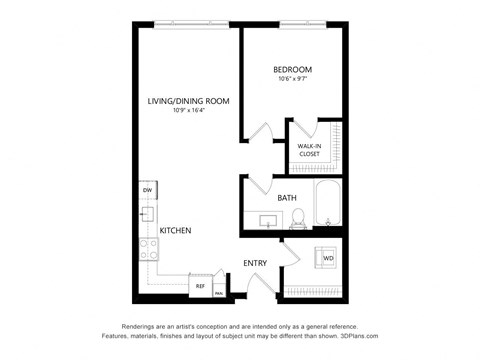 Floor plan for 1 bed, 1 bath, 678 sqft