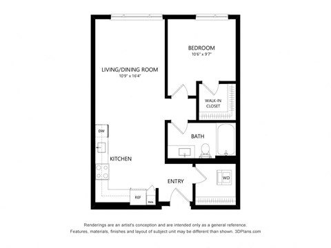 Floor plan for 1 bed, 1 bath, 664 sqft