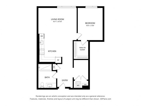 Floor plan for 1 bed, 1 bath, 821 sqft