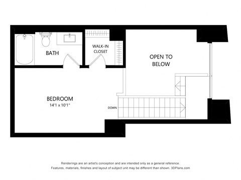 Floor plan for studio, 1.5 baths, 802 sqft