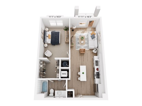 Floor plan for 1 bed, 1 bath, 738 sqft