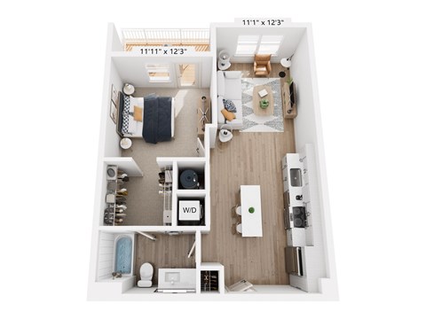 Floor plan for 1 bed, 1 bath, 690 sqft