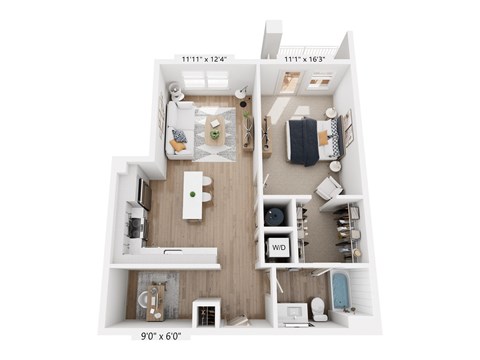 Floor plan for 1 bed, 1 bath, 814 sqft