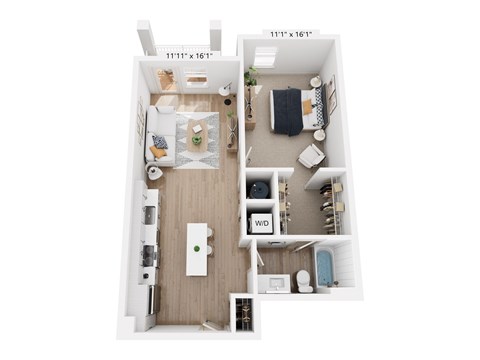 Floor plan for 1 bed, 1 bath, 743 sqft