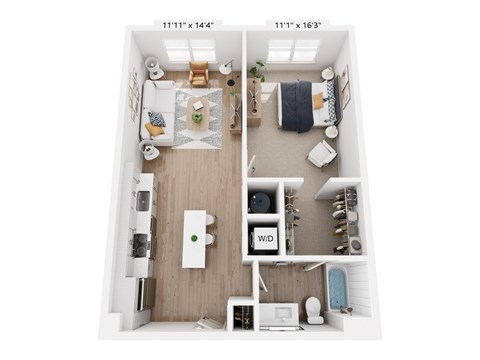 Floor plan for 1 bed, 1 bath, 738 sqft