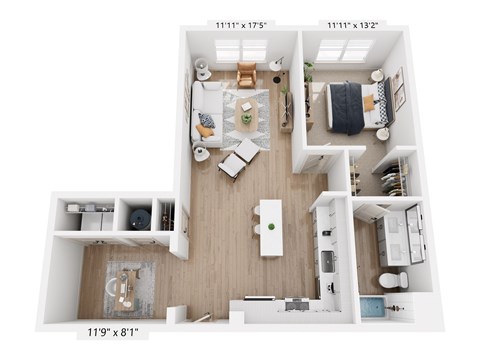 Floor plan for 1 bed, 1 bath, 883 sqft