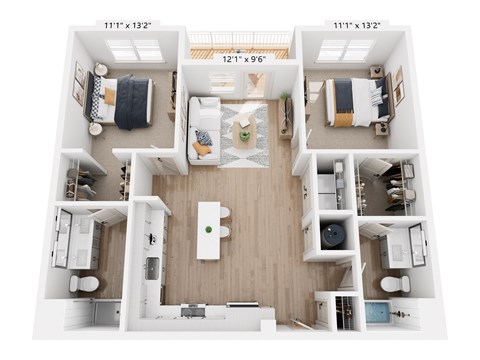 Floor plan for 2 beds, 2 baths, 1050 sqft