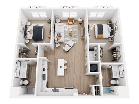 Floor plan for 2 beds, 2 baths, 1097 sqft