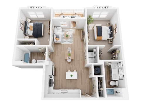 Floor plan for 2 beds, 2 baths, 950 sqft