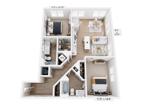 Floor plan for 2 beds, 2 baths, 1097 sqft