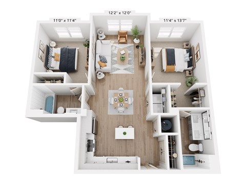 Floor plan for 2 beds, 2 baths, 1022 sqft
