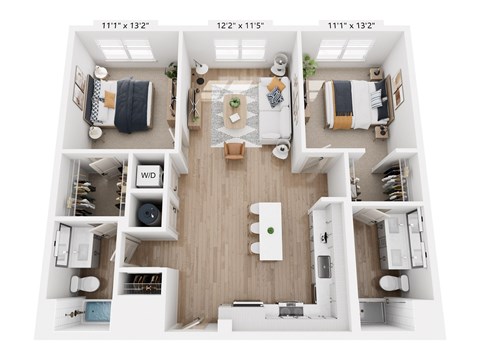 Floor plan for 2 beds, 2 baths, 1097 sqft