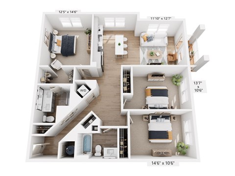 Floor plan for 3 beds, 2 baths, 1360 sqft