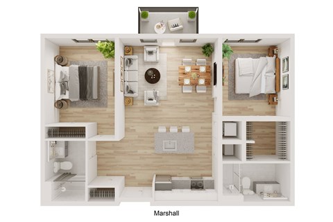 Floor plan for 2 beds, 2 baths, 984 sqft