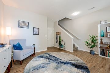 Louisville apartment for rent - A living room with a white couch and a blue and white rug.