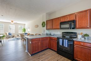 Louisville apartment for rent - a kitchen with wooden cabinets and black appliances and a table with chairs