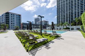 Miami apartment for rent - A poolside area with sun loungers and umbrellas.