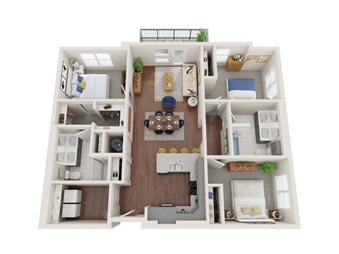 Floor plan for 3 beds, 2 baths, 1233 sqft