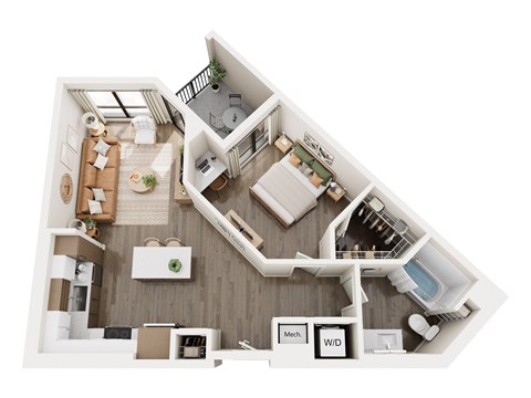 Floor plan for 1 bed, 1 bath, 734 sqft