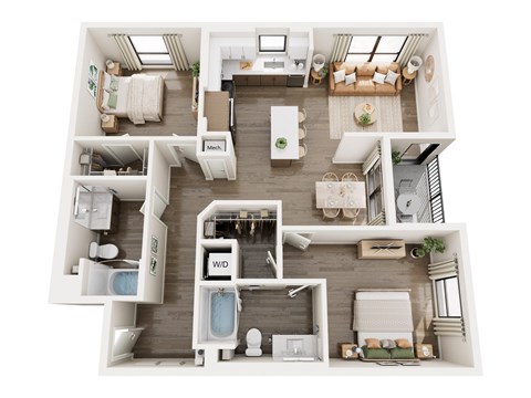 Floor plan for 2 beds, 2 baths, 1067 sqft