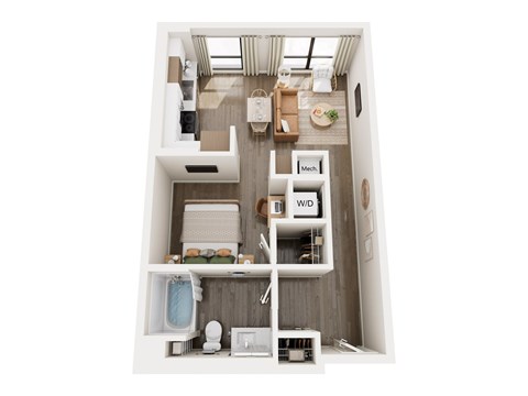 Floor plan for 1 bed, 1 bath, 606 sqft