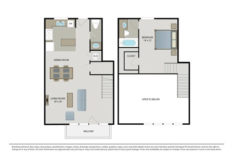 Floor plan for 1 bed, 1.5 baths, 882 sqft