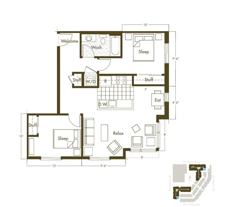 Floor plan for 2 beds, 1 bath, 854 sqft