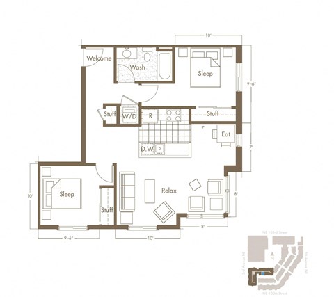 Floor plan for 2 beds, 1 bath, 861 sqft