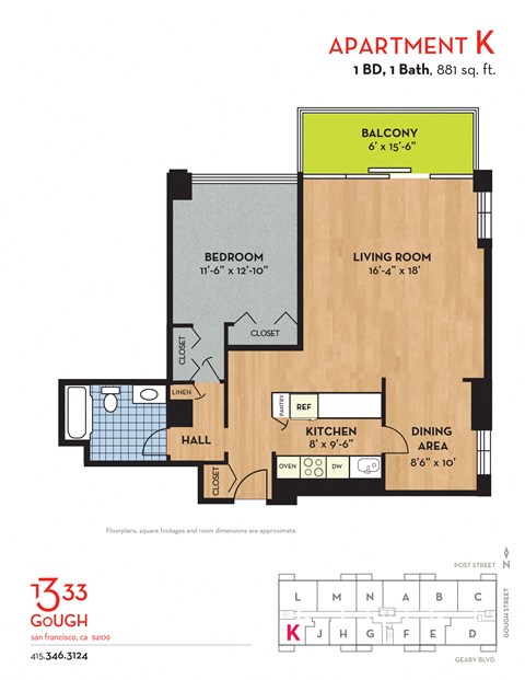 Floor plan for 1 bed, 1 bath, 881 sqft