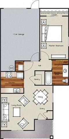 Floor plan for 1 bed, 1 bath, 804 sqft