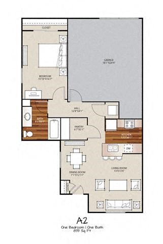 Floor plan for 1 bed, 1 bath, 833 sqft