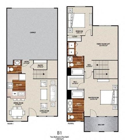 Floor plan for 2 beds, 2 baths, 1330 sqft