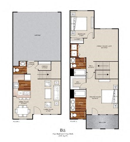 Floor plan for 2 beds, 2 baths, 1435 sqft
