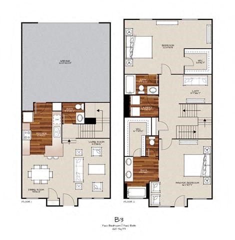 Floor plan for 2 beds, 2.5 baths, 1610 sqft