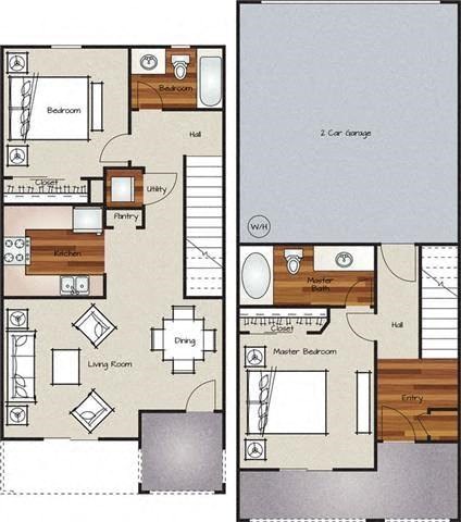 Floor plan for 2 beds, 2 baths, 1067 sqft