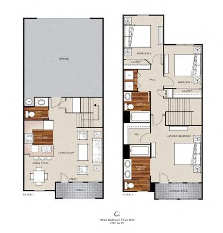 Floor plan for 3 beds, 2 baths, 1330 sqft